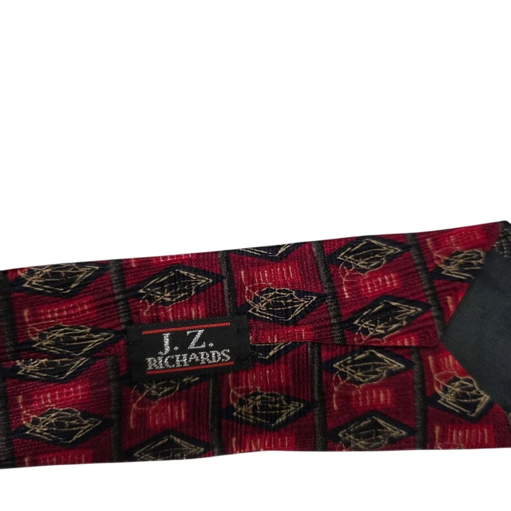 J.Z. Richards Silk‎ Geometric Pattern Tie Red Gold Hand Crafted USA Necktie